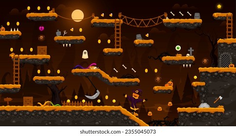 Arcade Halloween nocturna paisaje horror de la interfaz del mapa del nivel del juego, plataformas vectoriales. Antecedentes en el cementerio del juego de caricatura de Halloween con calabazas, recompensas de monedas y activos de bonificación de hueso con fantasmas y zombi