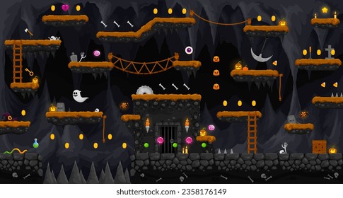 Arcade Halloween underground cave landscape game level map interface. Platforms and ghosts, sweets, stairs and coins. Vector dungeon parallax background with rocky islands, assets, obstacles, ladders