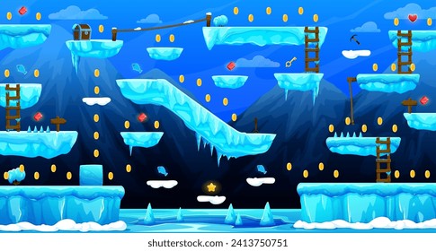 Arcade iced world game level map interface with key and golden coins, vector ice platforms and stairs. Kids cartoon arcade game of frozen world with gold bonuses, heart rewards on ice block platforms