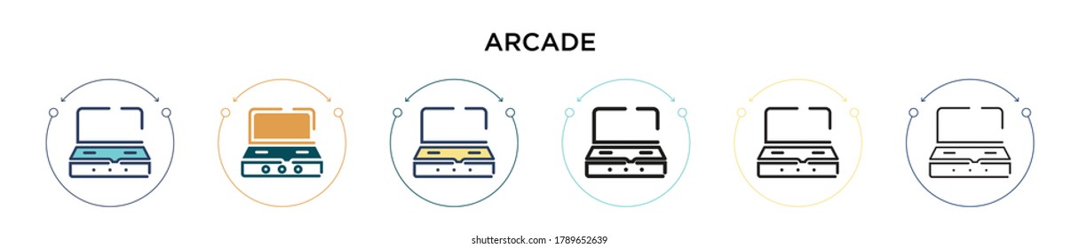 Arcade icon in filled, thin line, outline and stroke style. Vector illustration of two colored and black arcade vector icons designs can be used for mobile, ui, web