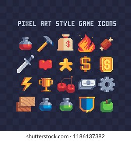 Arcade icons. Set of 8-bit elements, attainment, life bar, progressor, stamina, power, energy, mana level, money reserve vector illustrations. Retro, pixel elements for game designs. Gaming interface.