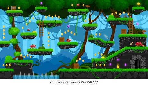 Arcade jungle forest game level map interface with platforms and coins, cartoon vector. Jungle lianas and flowers, stairs and trees with treasure award and bonus assets for game level layout template