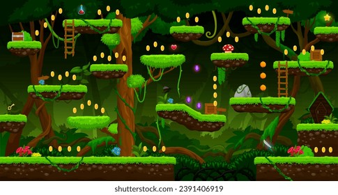 Arcade jungle rain, swamp o marsh game level map interface con plataformas y monedas, plantilla vectorial. Lianas y flores de selva selvática, escaleras y árboles con escaleras de plataforma para juego de arcade de dibujos animados