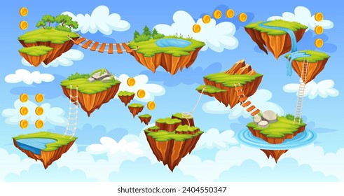 Arcade level map. Rock island platforms for jumping road to goal play 2d video game old computer console floating nature ground gaming world background neoteric vector illustration of game platforms