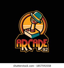 Arcade Logo With Retro Funny Joystick Image.