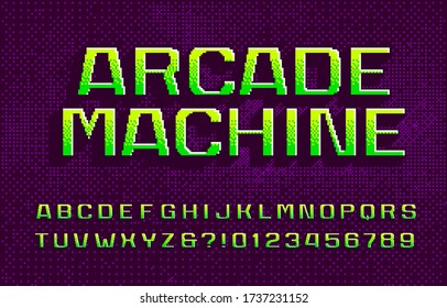 Tipo de letra del alfabeto de la máquina arcada. letras y números digitales 3D. Fondo del píxel abstracto. Escritura de videojuegos en cascada de los años 80.