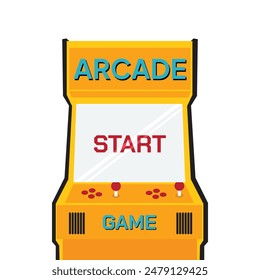 Arcade machine game screen 80s 90s gaming start menu isometric vector illustration. Retro electronic video play simulator interface display console control monitor virtual entertainment with button