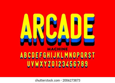 Arcade machine game style font, alphabet letters and numbers vector illustration