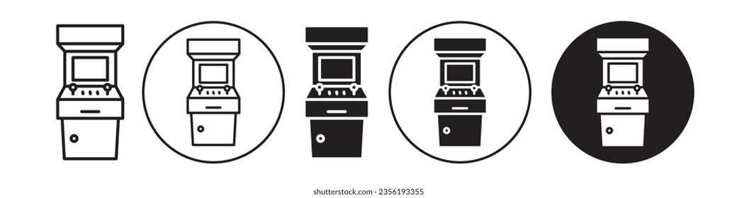 Arcade machine icon. Kids and child play game symbol. Vector set of classic  vintage coin base token slot controller. Flat outline set of insert display fun activity logo