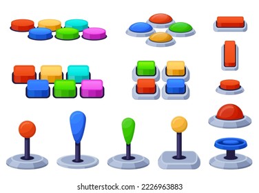 Arcade Maschine Joystick und Taste. Controller-Sticks, 6 Gamepad-Gesichtsknöpfe-Layout und Trackball-Drehgeber für Gaming-Konsolenperipheriegeräte, Vektorset. Ausrüstung für die Abspielsammlung
