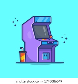 Arcade Machine With Soda Vector Icon Illustration. Technology Game Icon Concept Isolated Premium Vector. Flat Cartoon Style 