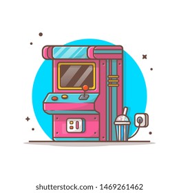 Arcade Machine with Soda Vector Illustration. Child Zone. Drink. Playing Arcade Game Icon Logo. Coin. Winner. Flat Cartoon Style Suitable for Web Landing Page, Banner, Flyer, Sticker, Card, Background