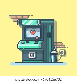 Arcade Machine with Soda Vector Illustration. Child Zone. Drink. Playing Arcade Game Icon Logo. Coin. Winner. Flat Cartoon Style Suitable for Web Landing Page, Banner, Flyer, Sticker, Card, Background