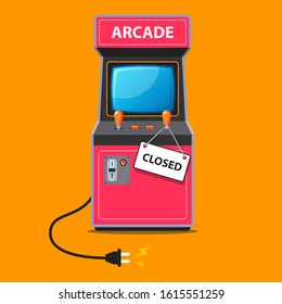 the arcade machine stopped working and a sign was closed on it. flat vector illustration.