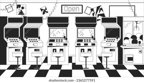 Arcade machines black and white chill lo fi background. Vintage gaming devices. Entertainment outline 2D vector cartoon interior illustration, monochromatic lofi wallpaper desktop. Bw 90s retro art