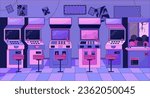 Arcade machines chill lo fi background. Vintage gaming devices. Entertainment 2D vector cartoon interior illustration, purple lofi wallpaper desktop. Sunset aesthetic 90s retro art, dreamy vibes