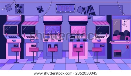 Arcade machines chill lo fi background. Vintage gaming devices. Entertainment 2D vector cartoon interior illustration, purple lofi wallpaper desktop. Sunset aesthetic 90s retro art, dreamy vibes