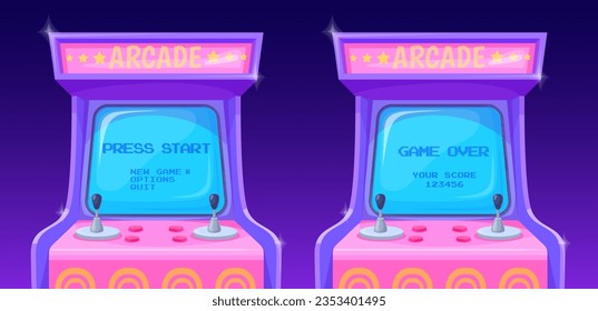 Arcade machines screens. Retro computer monitor with start player video game screen, old gaming machine 90s 80s interface 3d gamer pixel sign text, vector illustration of computer simulator screen