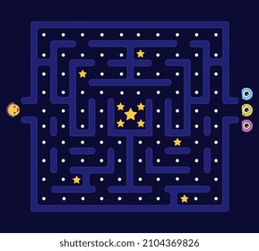 Arcade maze game. Retro computer classic old videogame concept with ghost guy vintage interface. Labyrinth defender and monsters. Kids app play in 80s style, labyrinth level decent vector