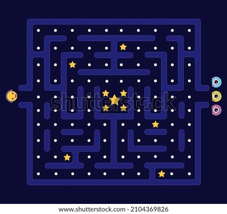 Arcade maze game. Retro computer classic old videogame concept with ghost guy vintage interface. Labyrinth defender and monsters. Kids app play in 80s style, labyrinth level decent vector