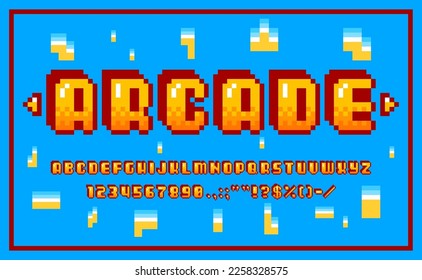 Arcade pixel font, 8 bit game type or typeface. Vector alphabet letters, numbers, digits and symbols on blue background with puzzle pieces. Abc uppercase characters, pixelized signs. 3D Illustration