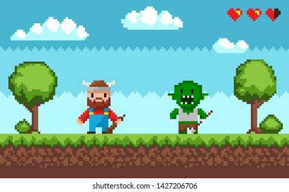 Arcade pixel game vector, viking with weapon and troll character fighting. Scenery with health point, pixelated hearts and grass, sky with clouds and trees nature