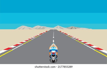 Arcade pixelated biker vector illustration. desert race track