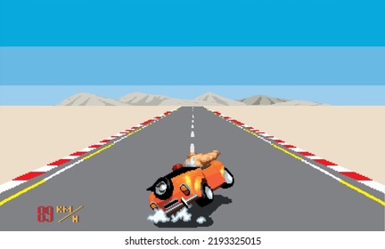 Arcade Pixelated Race Car Vector Illustration. Desert Race Track. Retro Machine Game