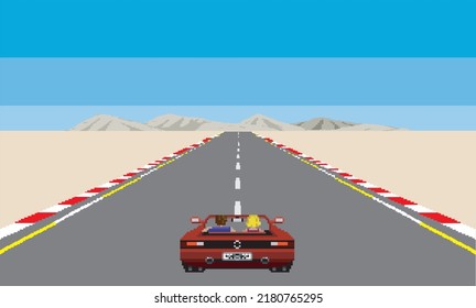 Ilustración del vector de vehículo rojo de raza pixelada de arco. pista de carreras del desierto