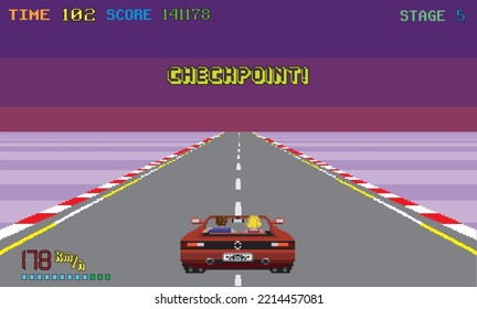 Ilustración del vector de vehículo rojo de raza pixelada de arco. pista de carreras con fondo de puesta de sol