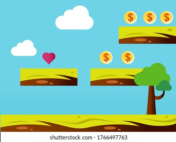 Arcade platform game vector concept: 2D hills with power ups