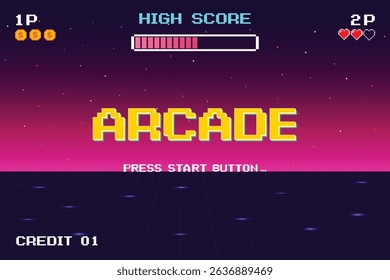 ARCADE. PRESS START BUTTON. pixel art . 8 bit game. retro game. for game assets in vector illustrations. Retro Futurism Sci-Fi Background. glowing neon grid and stars from vintage arcade comp