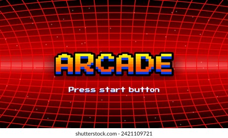 ARCADE PRESS START BUTTON.pixel art .8 bit game.retro game. for game assets in vector illustrations.Retro Futurism Sci-Fi Background. glowing neon grid.and stars from vintage arcade comp