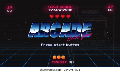 ARCADE PRESS START BUTTON.pixel art .8 bit game.retro game. for game assets in vector illustrations.Retro Futurism Sci-Fi Background. glowing neon grid.and stars from vintage arcade comp