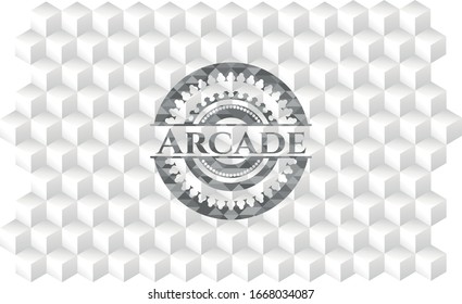 Arcade realistic grey emblem with geometric cube white background