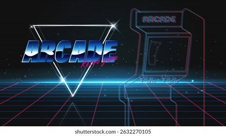 Arcade retro game for game assets in vector illustrations.Retro Futurism Sci-Fi Background. glowing neon grid.and stars from vintage arcade comp	
