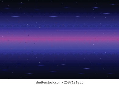 Arcade Retro game. Pixel art background.8 bit game. retro game. Synthwave wireframe landscape.for game assets. Retro Futurism Sci-Fi Background. glowing neon grid.and stars from vintage arcade comp