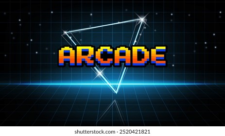 Arcade retro gamepixel art .8 bit game. for game assets in vector illustrations.Retro Futurism Sci-Fi Background. glowing neon grid.and stars from vintage arcade comp	