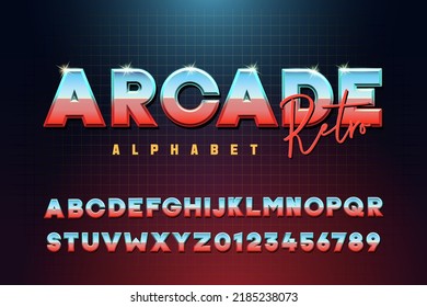 Arcade Retro vector alphabet  Modern font and blue   red colors  Metallic chrome effect and color gradient  Gaming  music other retro  modern futuristic subjects  80s   90s style