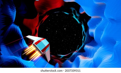 Arcade space ship flying to the cave gateway in blue corridor 3D landscape, 80s style synthwave or retrowave sc-fi illustration