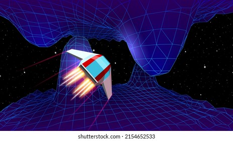 Arcade space ship flying to the cave gateway in blue corridor 3D landscape, 80s style synthwave or retrowave sc-fi illustration
