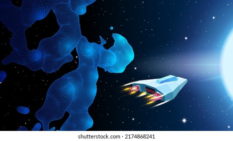 Buque espacial de arcade que vuela a la puerta de enlace de la cueva en el paisaje 3D del corredor azul, ilustración sintonizola de estilo de los años 80 o retrowave sc-fi