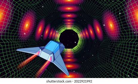 Buque espacial de arcade que vuela a la puerta de enlace en el paisaje 3D del corredor verde con luces de acoplamiento, ilustración sintonizada de estilo de los años 80 o retroonda