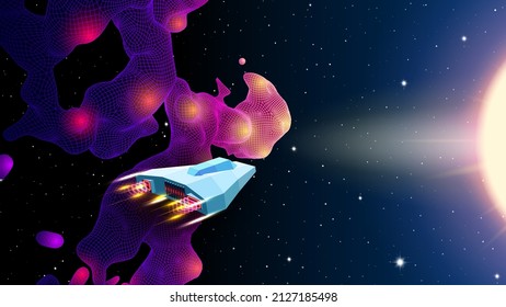 Arcade space ship flying near the blue nebula or space cloud in space landscape. 80s style sci-fi synthwave or retrowave illustration for music banner or cover.