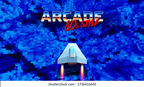 Buque espacial arcade que sobrevuela el corredor azul o el paisaje de cañón con montañas 3D, ilustración sintonizada o retroonizada del estilo de los años 80