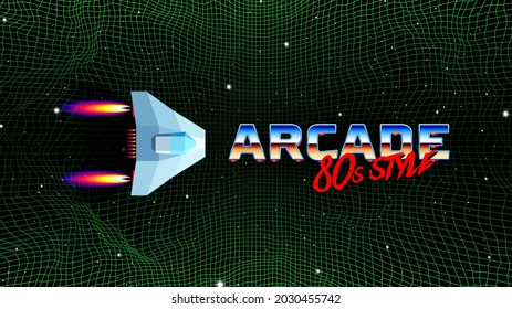 Arcade space ship flying over the the green grid corridor or canyon landscape with 3D mountains, 80s style synthwave or retrowave scenic view