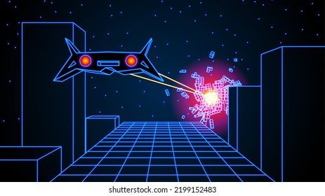 Arcade space ship flying over the road with 3D buildings, 80s style synthwave or retrowave illustration. Battle in the 80s retro game scene.