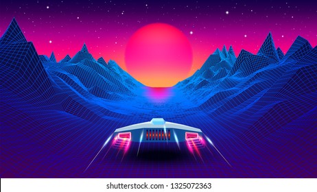 Arcade space ship flying to the sun in blue corridor or canyon landscape with 3D mountains, 80s style synthwave or retrowave illustration