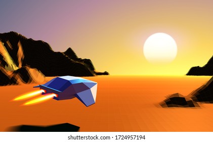 Arcade space ship flying to the sun in orange corridor or canyon landscape with 3D mountains, 80s style synthwave or retrowave illustration