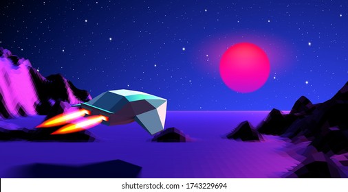 Arcade space ship flying to the sun over the blue landscape or canyon with 3D mountains, 80s style synthwave or retrowave illustration for music covers and merch